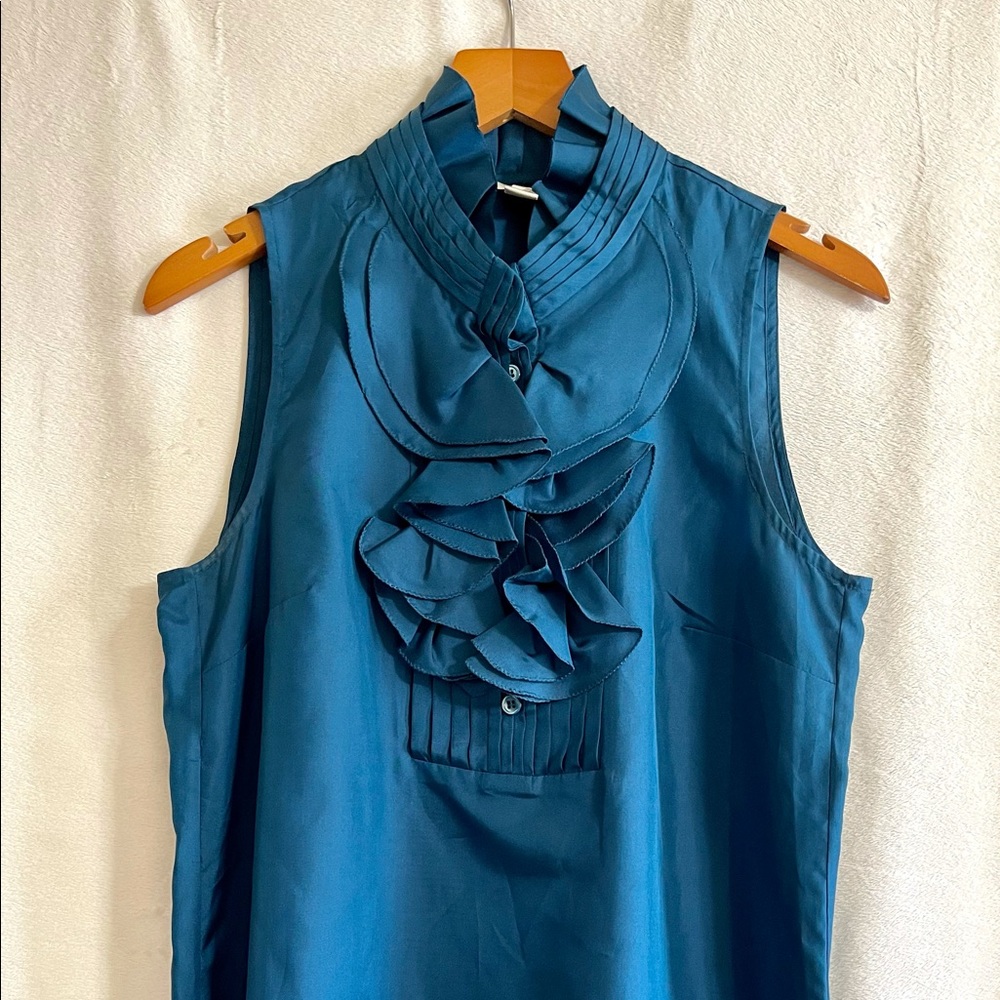NWT JCrew Top. Vibrant Teal Rayon sleeveless top with ruffle front detailing.
